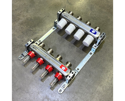 Коллекторная группа 1" Uni-Fitt 450Bнерж. сталь 4 выхода 3/4" с расходомерами и термостатическими вентилями без концевиков