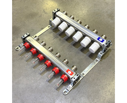 Коллекторная группа 1" Uni-Fitt 450Bнерж. сталь 6 выходов 3/4" с расходомерами и термостатическими вентилями без концевиков