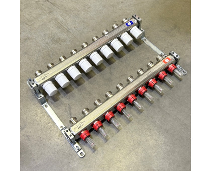Коллекторная группа 1" Uni-Fitt 450Bнерж. сталь 9 выходов 3/4" с расходомерами и термостатическими вентилями без концевиков