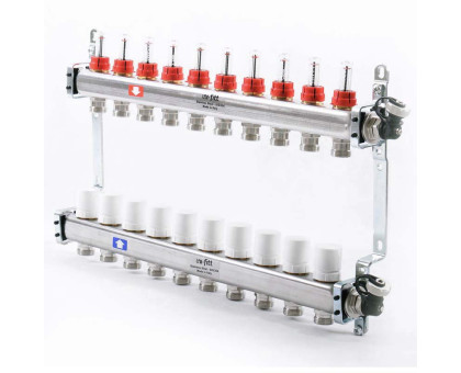 Коллекторная группа из нержавеющей стали с термостатическими вентилями и расходомерами UNI-FITT 1"x3/4"ЕК 10 выходов