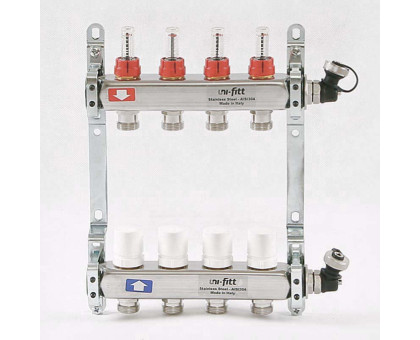 Коллекторная группа из нержавеющей стали с термостатическими вентилями и расходомерами UNI-FITT 1"x3/4"ЕК 4 выхода
